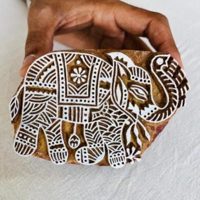 Hand-Carved Wooden Block Print Stamp Elephant Design | Indian Textile Printing Block for Fabric, Paper & Clay Handmade Sheesham Wooden Stamp