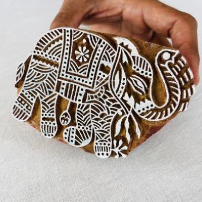 Hand-Carved Wooden Block Print Stamp Elephant Design | Indian Textile Printing Block for Fabric, Paper & Clay Handmade Sheesham Wooden Stamp