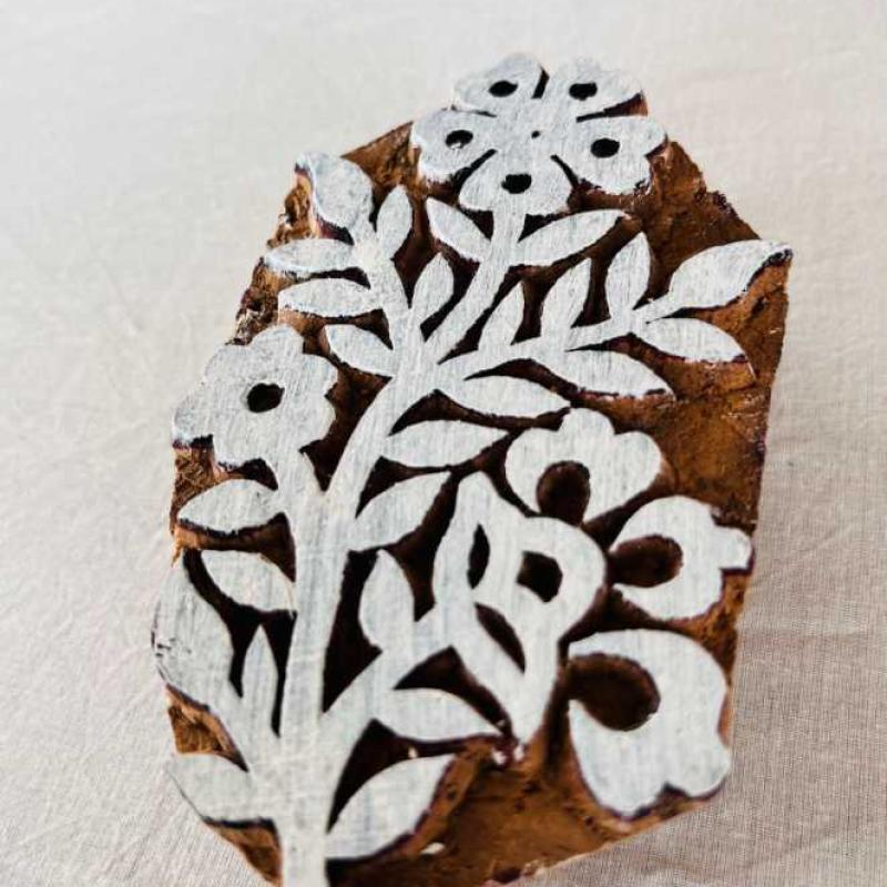 Floral Vine Wooden Block Stamp | Hand-Carved Sheesham Wood Printing Stamp for Fabric, Paper & Clay | Botanical Design