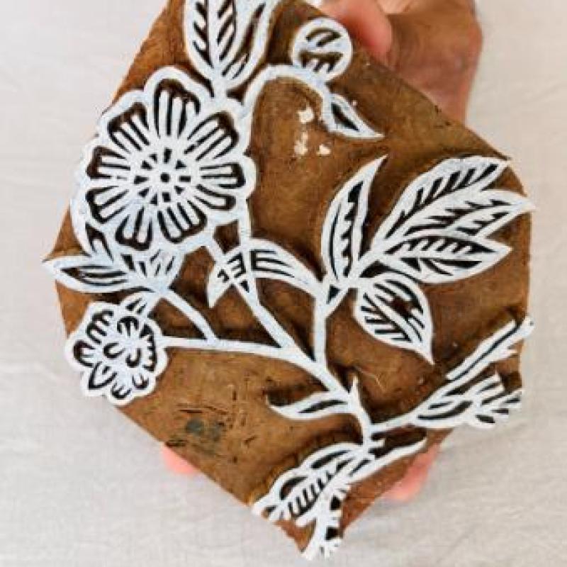 Floral Vine Wooden Block Stamp | Hand-Carved Sheesham Wood Print Block | Indian Wood Stamp for Fabric, Paper & Pottery