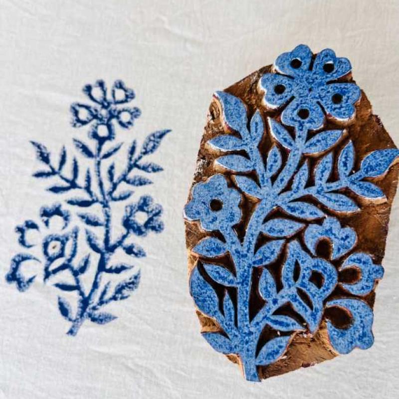 Floral Vine Wooden Block Stamp | Hand-Carved Sheesham Wood Printing Stamp for Fabric, Paper & Clay | Botanical Design