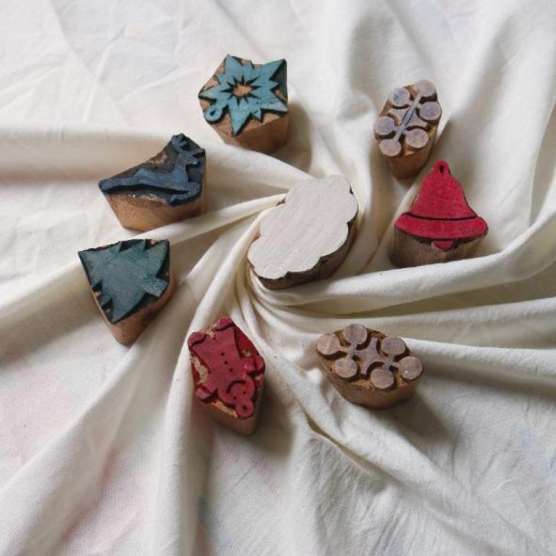 Christmas Wooden Printing Block Set | Handmade Indian Wood Stamps for Fabric, Paper & Clay