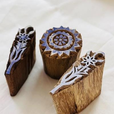 3-Piece Hand-Carved Wooden Block Printing Stamp Set – Sunflower & Floral Motif | Indian Wood Stamps for Fabric, Paper, Clay and Crafts
