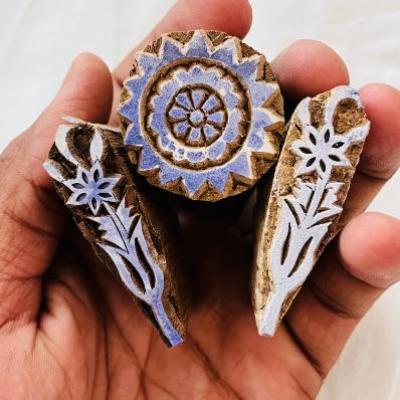3-Piece Hand-Carved Wooden Block Printing Stamp Set – Sunflower & Floral Motif | Indian Wood Stamps for Fabric, Paper, Clay and Crafts