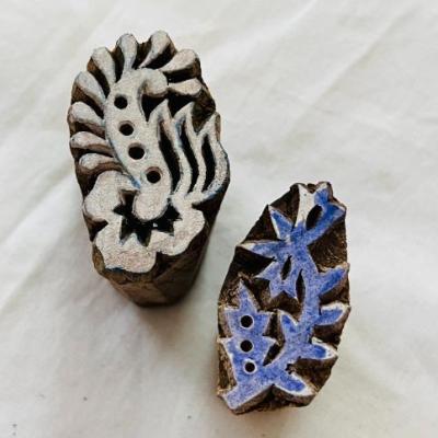 Floral Wood Block Stamp Set of 2 | Hand-Carved Indian Wooden Printing Blocks | Chhaape Botanical Stamp for Fabric, Pottery, Crafts & DIY Art