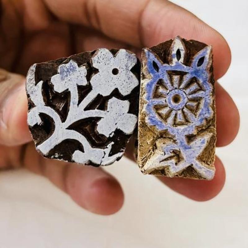 Set of 2 Floral Wood Block Stamps | Hand-Carved Indian Wooden Printing Blocks | Chhaape Botanical Stamps for Fabric, Clay & Craft Projects