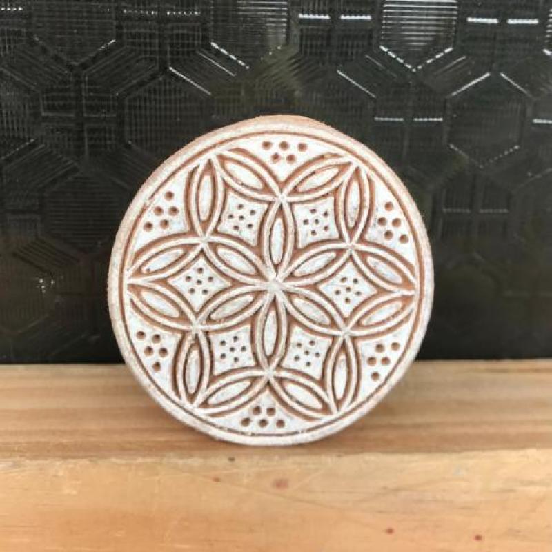 Handmade Wooden Printing Block – Round Geometric Floral Stamp for Fabric, Clay, Paper & Textile Printing