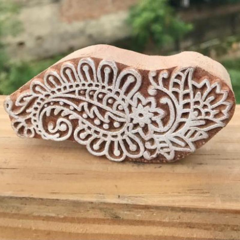 Long Paisley Wooden Block Stamp – Hand Carved Floral Printing Stamp for Fabric, Clay & Paper Crafts