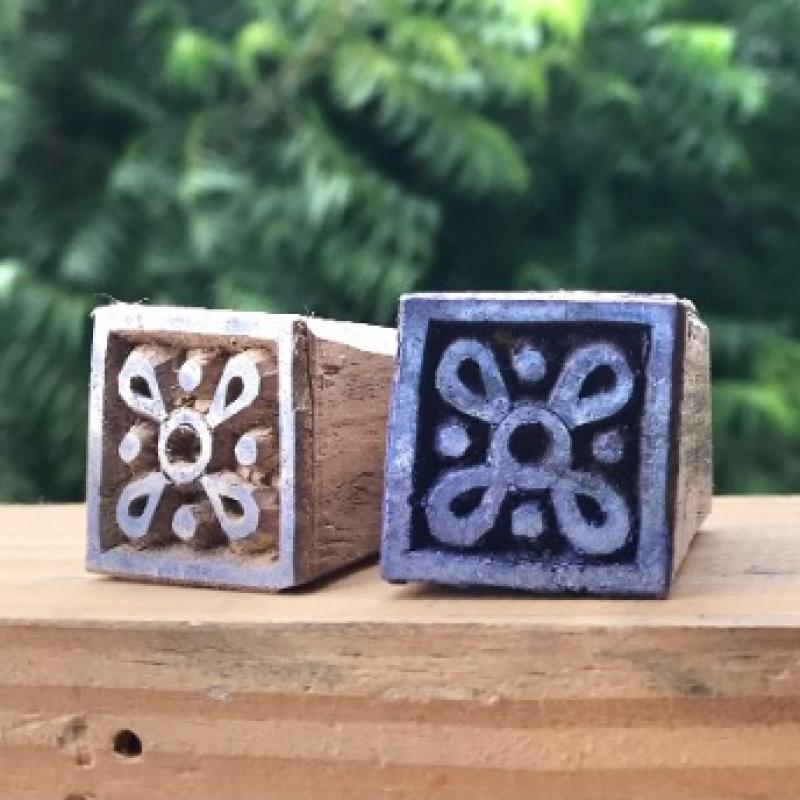 Set of 2 Square Wood Block Stamps | Mini Geometric Pattern Printing Blocks | Hand-Carved Indian Wooden Stamps by Chhaape for Fabric, Crafts