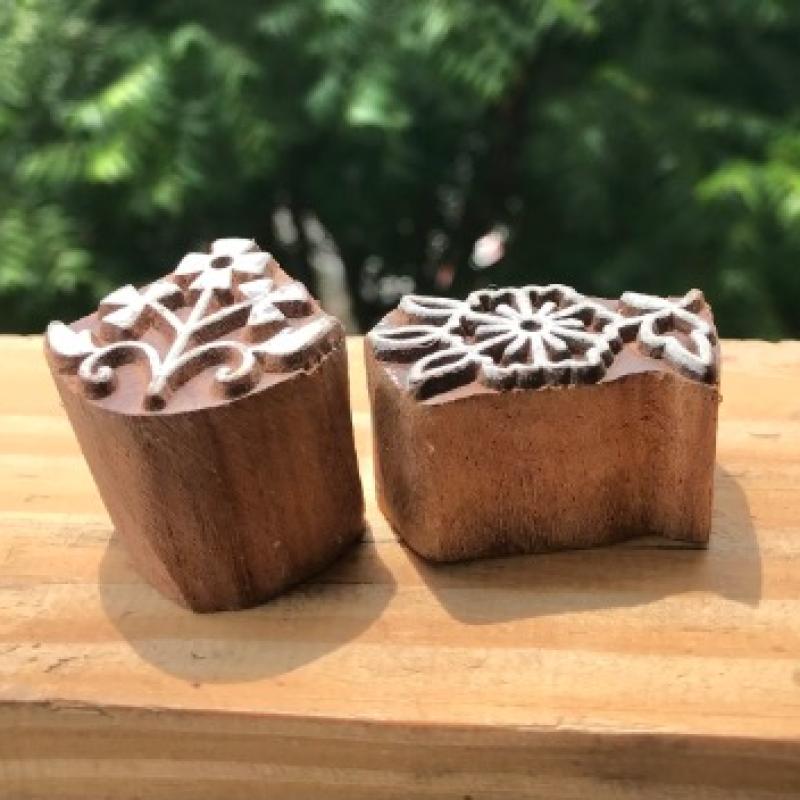 Set of 2 Floral Wood Block Stamps | Hand-Carved Indian Wooden Printing Blocks | Chhaape Botanical Stamps for Fabric, Clay & Craft Projects