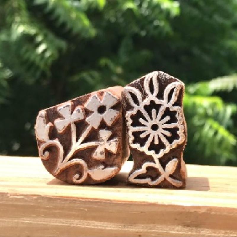 Set of 2 Floral Wood Block Stamps | Hand-Carved Indian Wooden Printing Blocks | Chhaape Botanical Stamps for Fabric, Clay & Craft Projects