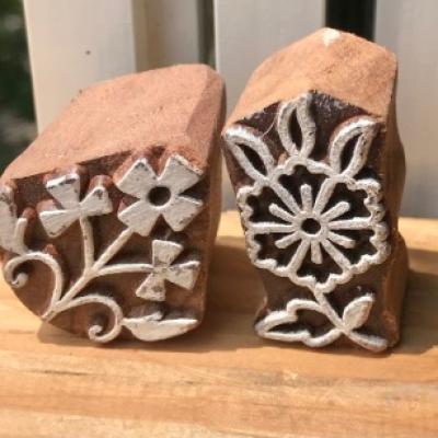 Set of 2 Floral Wood Block Stamps | Hand-Carved Indian Wooden Printing Blocks | Chhaape Botanical Stamps for Fabric, Clay & Craft Projects