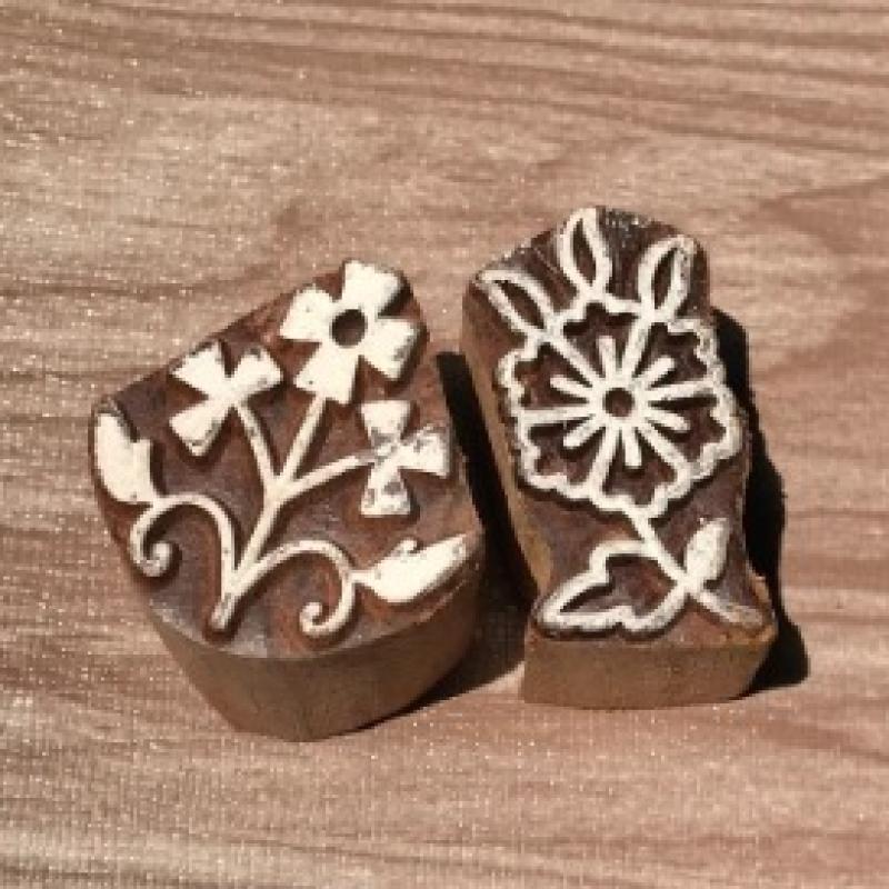Set of 2 Floral Wood Block Stamps | Hand-Carved Indian Wooden Printing Blocks | Chhaape Botanical Stamps for Fabric, Clay & Craft Projects