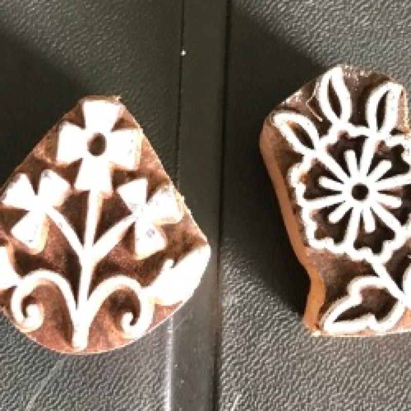 Set of 2 Floral Wood Block Stamps | Hand-Carved Indian Wooden Printing Blocks | Chhaape Botanical Stamps for Fabric, Clay & Craft Projects