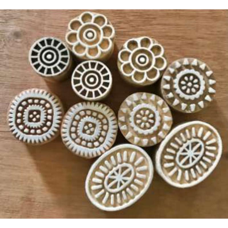 Handcarved Round Wooden Printing Blocks Set | Floral & Geometric Motif Stamps for Fabric, Clay, Paper & Textile Printing – 10 Blocks