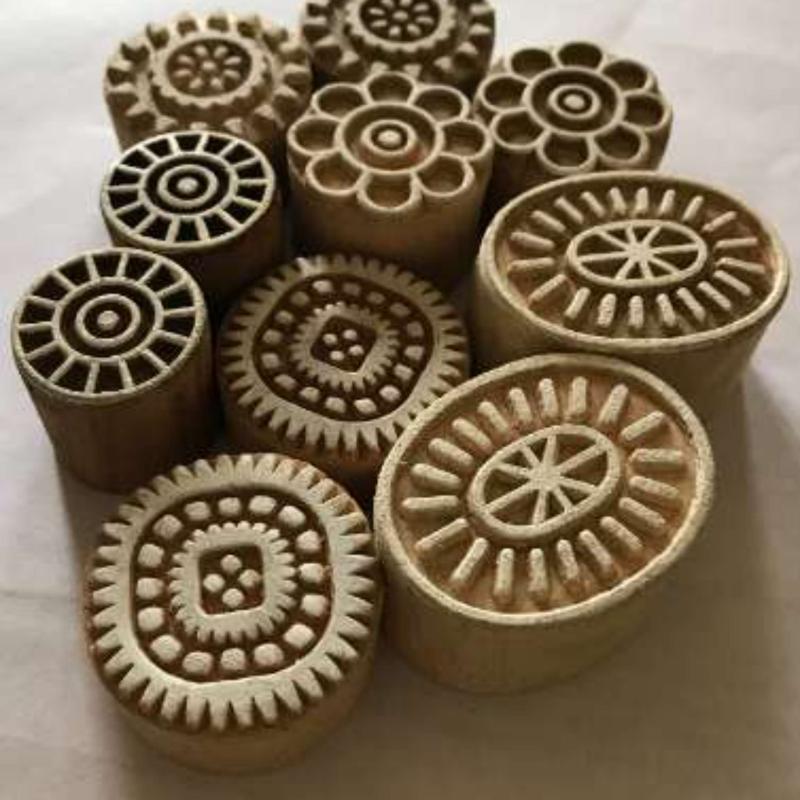 Handcarved Round Wooden Printing Blocks Set | Floral & Geometric Motif Stamps for Fabric, Clay, Paper & Textile Printing – 10 Blocks