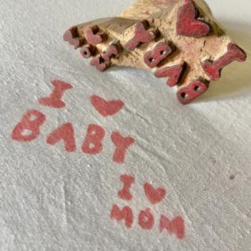 Handmade Wooden Block Stamp | I Love Baby & I Love Mom Stamp | Handcarved Printing for Fabric