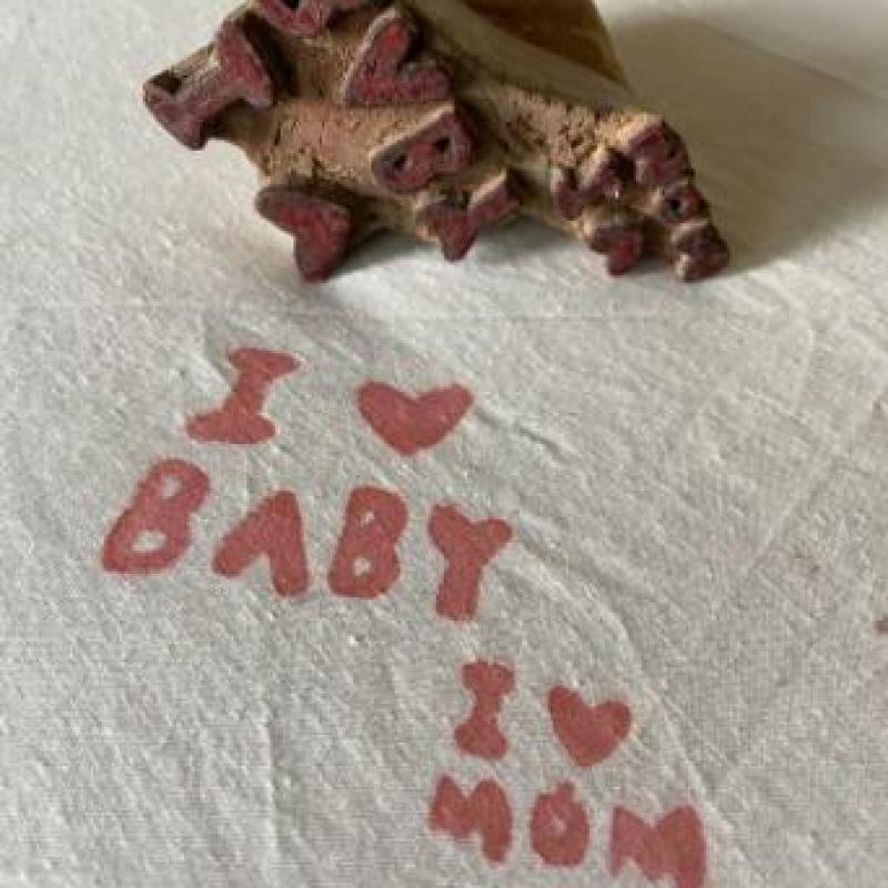 Handmade Wooden Block Stamp | I Love Baby & I Love Mom Stamp | Handcarved Printing for Fabric