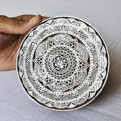 Hand-Carved Wooden Printing Block – Intricate Mandala Design | Indian Textile Stamp | Block Printing Tool for Fabric, Clay, Paper & Crafts