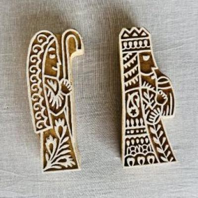 Hand-Carved Wooden Block Stamp Set – King & Queen Motif | Royal Couple Block Print | Indian Wood Stamp for Fabric, Clay, Paper, Crafts