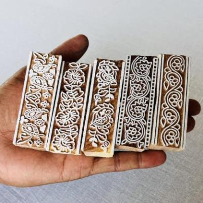 Hand-Carved Floral Border Block Stamp Set (5 Pieces) | Wood Printing Blocks for Fabric, Paper & Clay | Indian Textile Tools | Boho Design