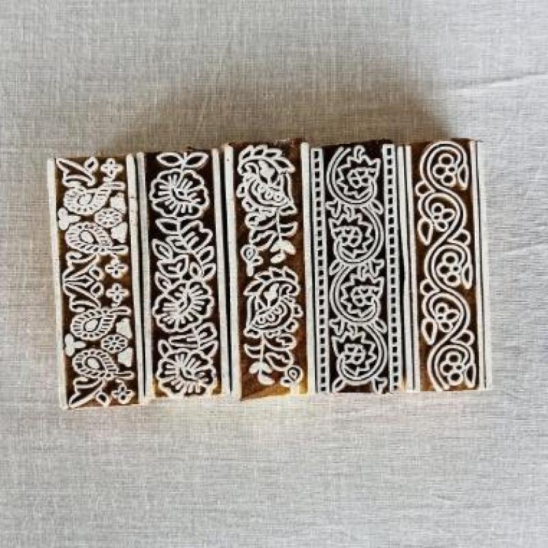 Hand-Carved Floral Border Block Stamp Set (5 Pieces) | Wood Printing Blocks for Fabric, Paper & Clay | Indian Textile Tools | Boho Design