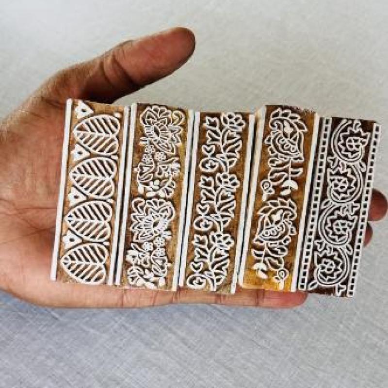 Floral Border Wood Block Stamp Set (5 Designs) | Hand-Carved Indian Wood Printing Blocks for Fabric, Clay, Paper | Ethnic Borders and Motifs