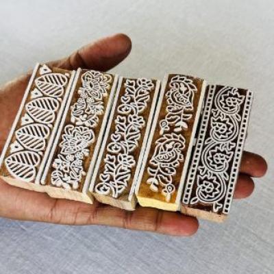 Floral Border Wood Block Stamp Set (5 Designs) | Hand-Carved Indian Wood Printing Blocks for Fabric, Clay, Paper | Ethnic Borders and Motifs