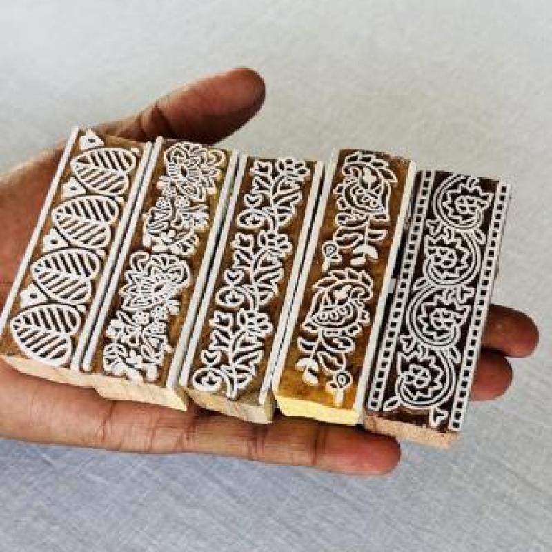 Floral Border Wood Block Stamp Set (5 Designs) | Hand-Carved Indian Wood Printing Blocks for Fabric, Clay, Paper | Ethnic Borders and Motifs