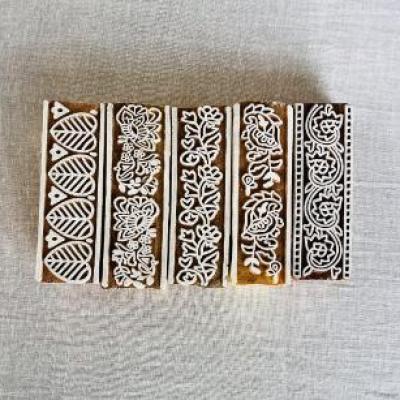 Floral Border Wood Block Stamp Set (5 Designs) | Hand-Carved Indian Wood Printing Blocks for Fabric, Clay, Paper | Ethnic Borders and Motifs