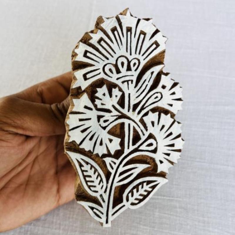 Bold Botanical Wooden Printing Block | Hand-Carved Indian Floral Stamp for Textile & Paper Crafts