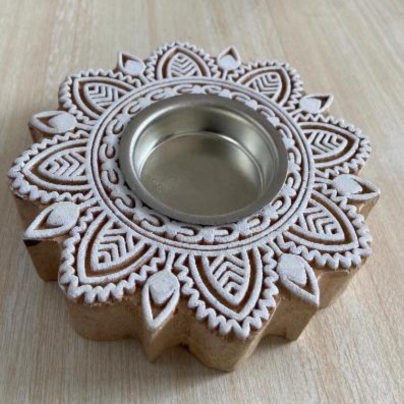 Candle Holder With Lotus Design Wooden Stamp Floral Block Candle Light Dinner, House Lighting And Festive Fashion