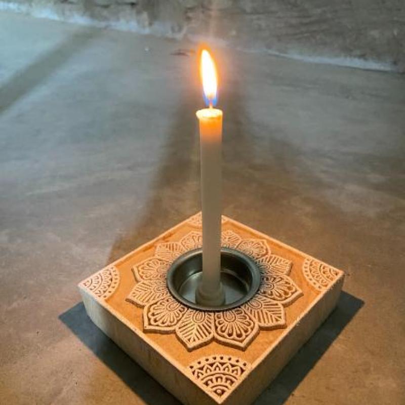 Handcrafted Square Wooden Block Candle Holder with Floral Mandala Carving