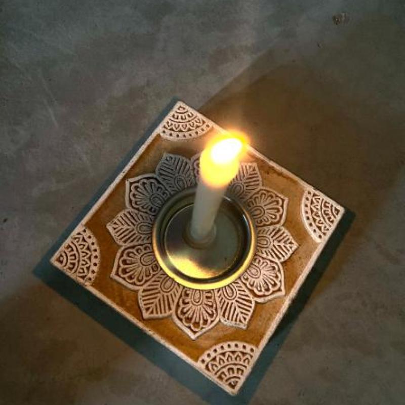 Handcrafted Square Wooden Block Candle Holder with Floral Mandala Carving