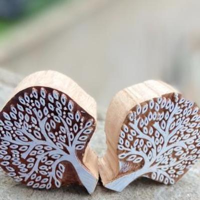 Tree of Life Handcarved Wooden Block Stamp – Pack of 2 (White Engraved) Wooden sheesham Stamp Tree Block stamp