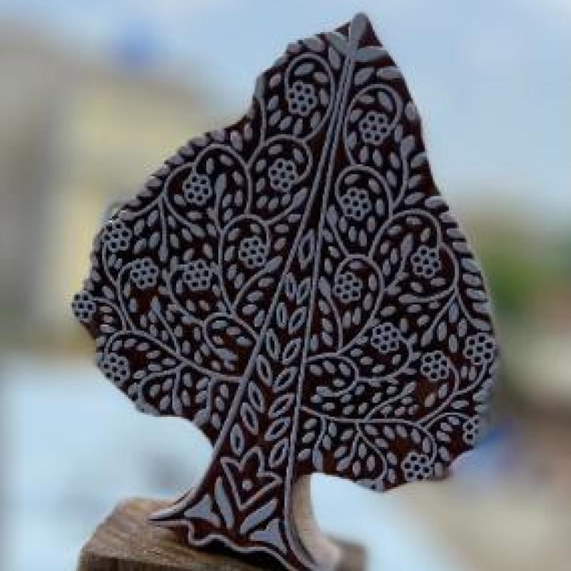Floral Tree Hand carved Wooden Block Print Stamp Wooden Sheesham Block Stamp Paper & Fabric print Pack of 1 (White Engraved)