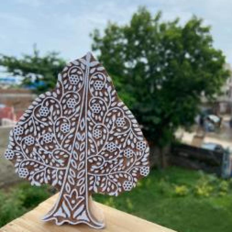 Floral Tree Hand carved Wooden Block Print Stamp Wooden Sheesham Block Stamp Paper & Fabric print Pack of 1 (White Engraved)