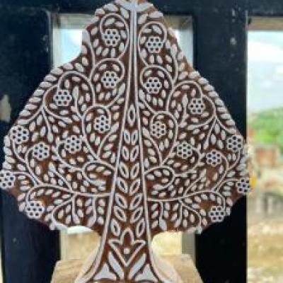 Floral Tree Hand carved Wooden Block Print Stamp Wooden Sheesham Block Stamp Paper & Fabric print Pack of 1 (White Engraved)