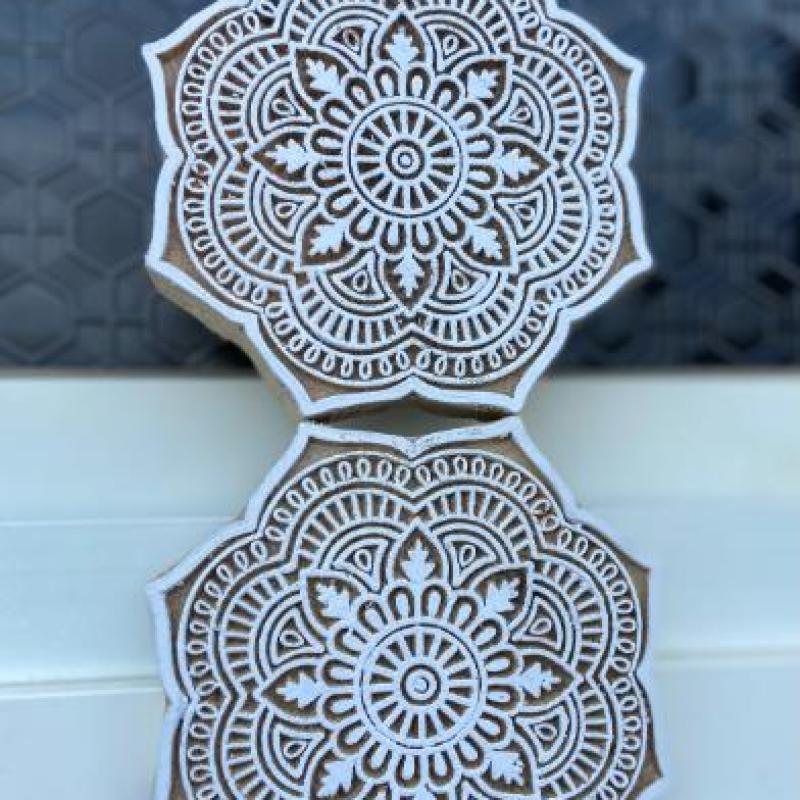 Mandala Round Wooden Block Print Stamp Sheesham Wooden Block Hand Paper And Fabric Print Block Stamp Hand Carved Set of 2 (White Engraved