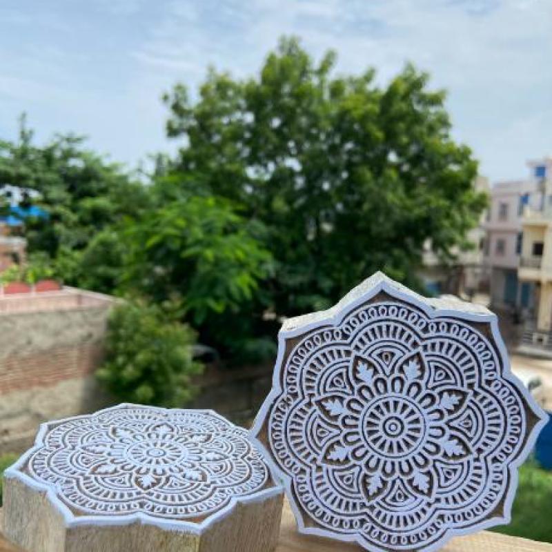Mandala Round Wooden Block Print Stamp Sheesham Wooden Block Hand Paper And Fabric Print Block Stamp Hand Carved Set of 2 (White Engraved