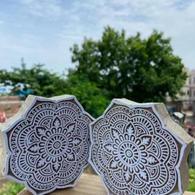 Mandala Round Wooden Block Print Stamp Sheesham Wooden Block Hand Paper And Fabric Print Block Stamp Hand Carved Set of 2 (White Engraved