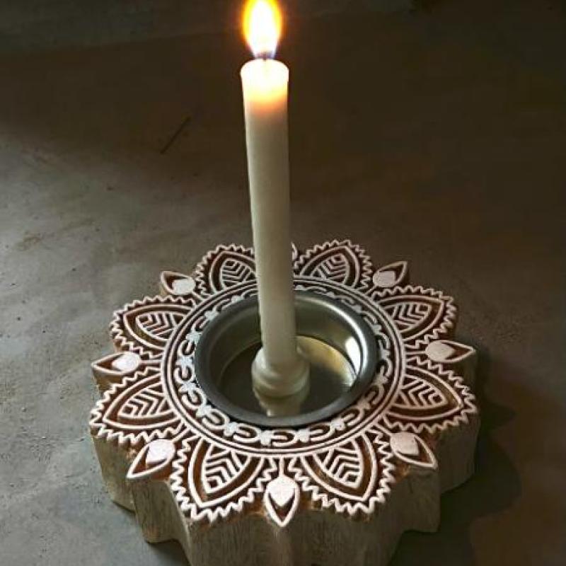 Candle Holder With Lotus Design Wooden Stamp Floral Block Candle Light Dinner, House Lighting And Festive Fashion