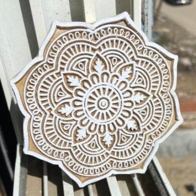 Mandala Round Wooden Block Print Stamp Sheesham Wooden Block Hand Paper And Fabric Print Block Stamp Hand Carved Set of 2 (White Engraved