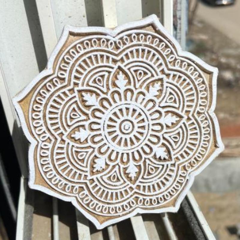 Mandala Round Wooden Block Print Stamp Sheesham Wooden Block Hand Paper And Fabric Print Block Stamp Hand Carved Set of 2 (White Engraved