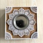 Handcrafted Square Wooden Block Candle Holder with Floral Mandala Carving
