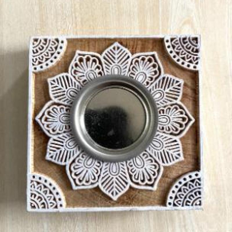 Handcrafted Square Wooden Block Candle Holder with Floral Mandala Carving