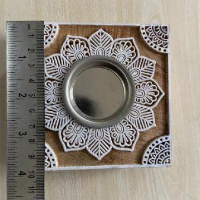 Handcrafted Square Wooden Block Candle Holder with Floral Mandala Carving