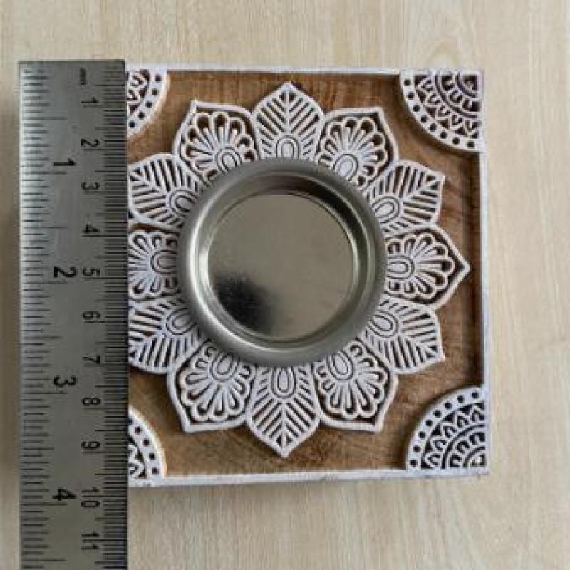 Handcrafted Square Wooden Block Candle Holder with Floral Mandala Carving