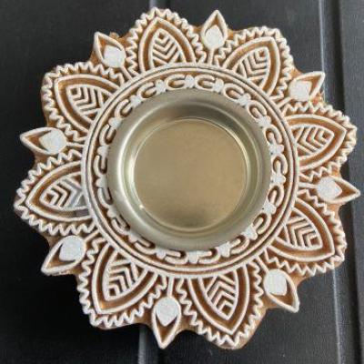 Handcrafted Wooden Floral Block Candle Holder With Lotus Design Candle Light Dinner, House Lighting And Festive Fashion