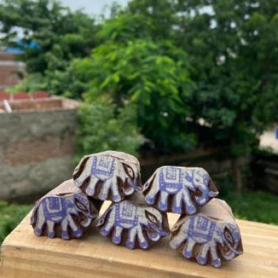 Handcrafted Elephant Wood Block Stamp – Pack of 5 Hand Made Block Paper & Fabric Print Stamp Handmade Sheesham Wooden Block Print Stamp